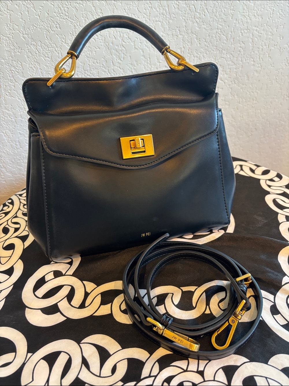 JW PEI Black Top-Handle Satchel with Gold Hardware